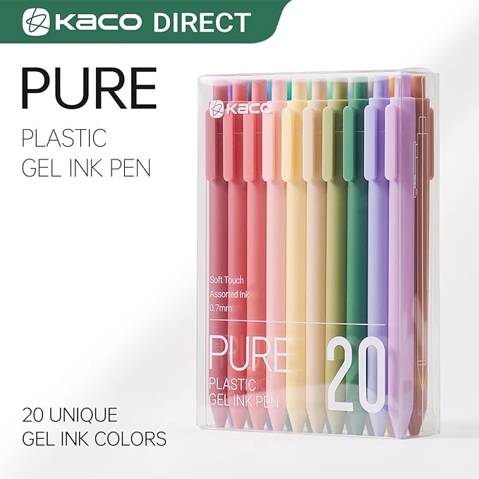 Kaco PURE Gel Pens 20 Assorted Color Ink 0.7mm, Medium Point, Aesthetic Cute Stationery Pens for Journaling Pens