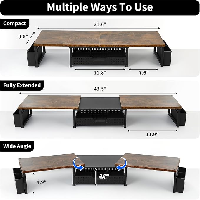Desk Dual Monitor Stand Riser - Desk Organizer with Drawer and Pen Holders, Office Desk Accessories & Workspace Organization, Computer Monitor Stand for Laptop, Printer, TV, Office Decor, Wood