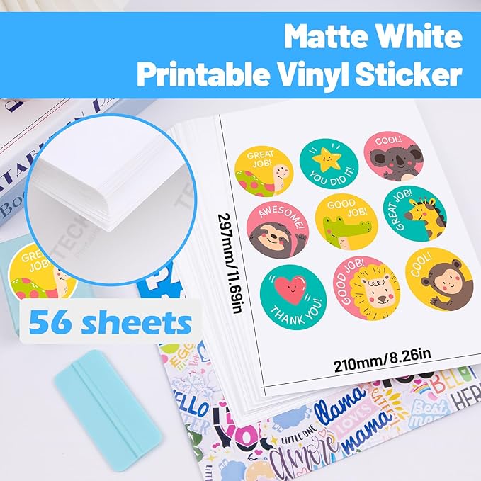 TECKWRAP Printable Vinyl Sticker Paper for Inkjet Printer, Matte Inkjet Printable Vinyl, 8.26" x 11.69" A4 56 Sheets/Pack Photo Paper for Craft Scrap-Booking, Stickers, Labels