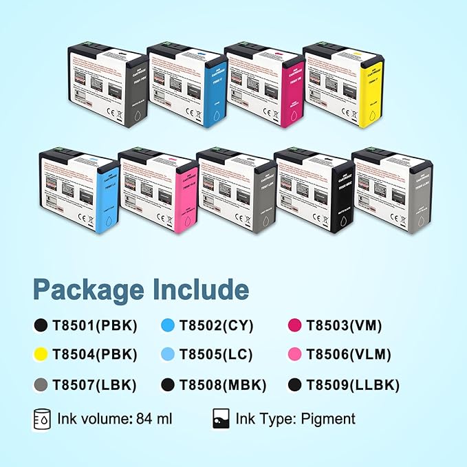T850 Ink Cartridge UltraChrome HD T8501 T8502 T8503 T8504 T8505 T8506 T8507 T8508 T8509 Compatible for Surecolor P800 Printer (9 Pack)