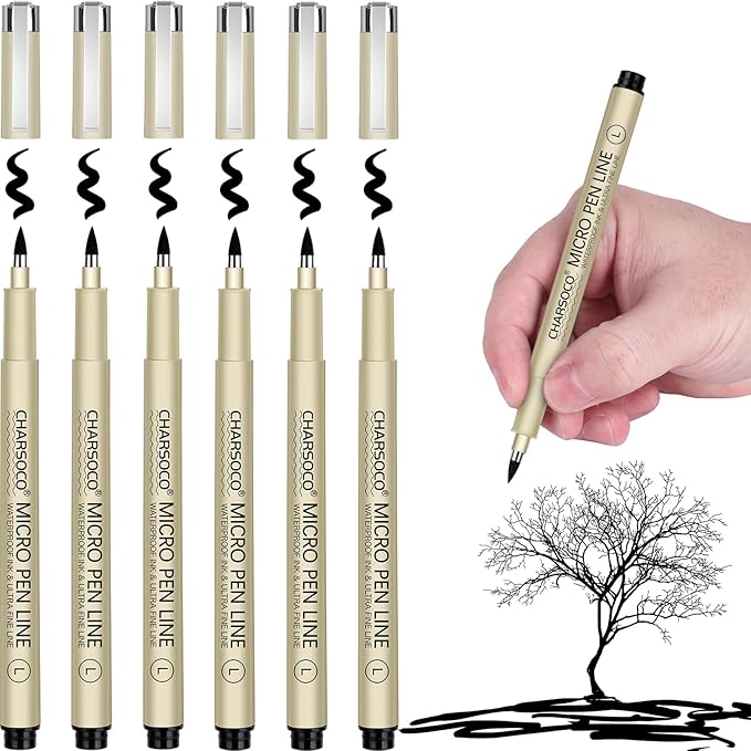L Micro Pen, 6 Pack Black Fine Point Pen with Waterproof Archival Ink, 2-5mm Fineliner Ink Pens for Artist Illustration, Sketching, Anime, Manga, Technical Drawing and Scrapbooking
