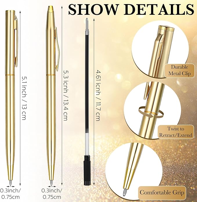 Fuutreo 200 Pack Wedding Gold Pens Bulk Gold Metal Pens Slim Ballpoint Retractable Ballpoint with Black Ink Mini Conical for Wedding Favors Guests, Office Business Teachers,1.0 mm