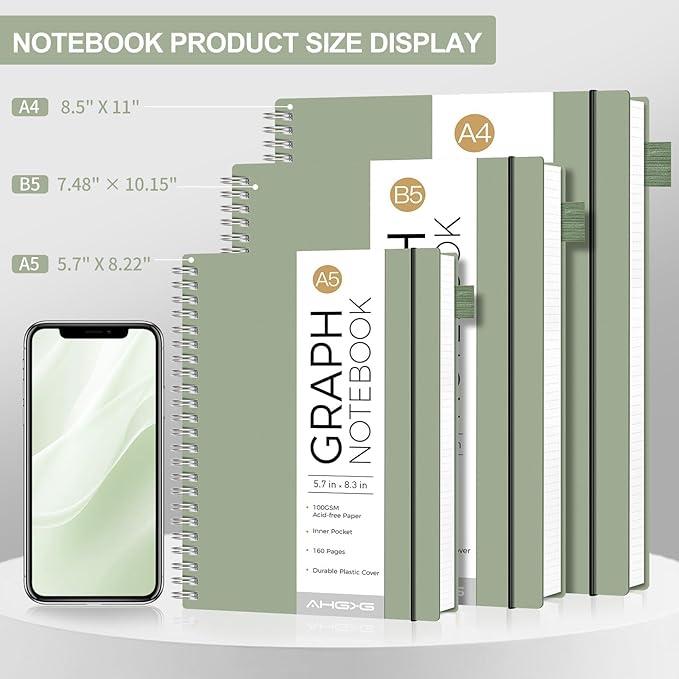 AHGXG Graph Paper Notebook - Spiral Notebook Journal 160 Pages, A5 Graph Notebook 5.7" x 8.3", 100 gsm Thick Grid Paper, Waterproof Plastic Cover, for School Writing Engineering Math, Sage Green