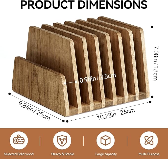 KIRIGEN Wood File Mail Organizer 7 Slots File Paper Holder Desktop Wood Document Letter Holder Organizer for Home Office Brown (7KWJJ-DBR)