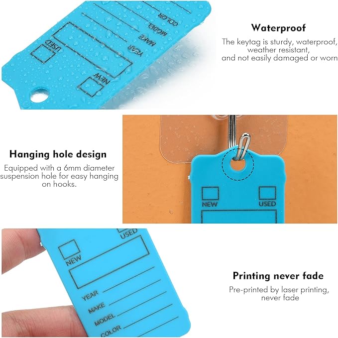 100 Car Key Tags with Labels Plastic Car Dealership Key Tags Self Locking Automotive Identifiers Blank Shop Labels with One Pen (Blue)