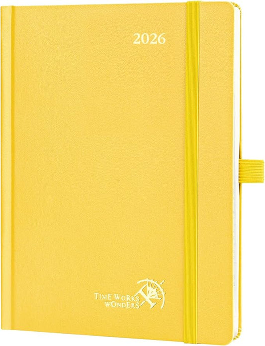 POPRUN 2026 Planner (Medium Size 8.5''x 6.5'' Hardcover) - Daily Weekly and Monthly Calendar Agenda 2026 Appointment Book with Hourly Time Slots, Monthly Tabs, 100 GSM - Light Yellow