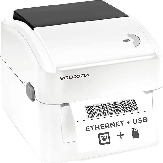 Volcora Thermal Label Printer with Ethernet/USB - Desktop 4x6 Shipping Label Printer, Compatible with Windows, Linux, Mac - Ideal for Small Business, Inkless Printer for Shipping Packages (White)