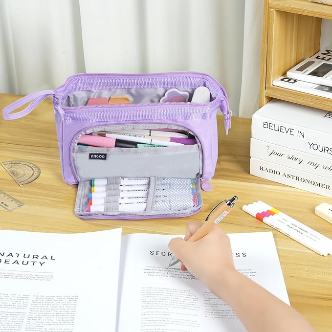 MAMUNU Pencil Case Pouch Large Capacity with Compartments, Pencil Case Pouch Bag with Zipper Handle for Teen Girls Adults Women, Portable Pen Bag Stationery Organizer for Office School Travel, Purple