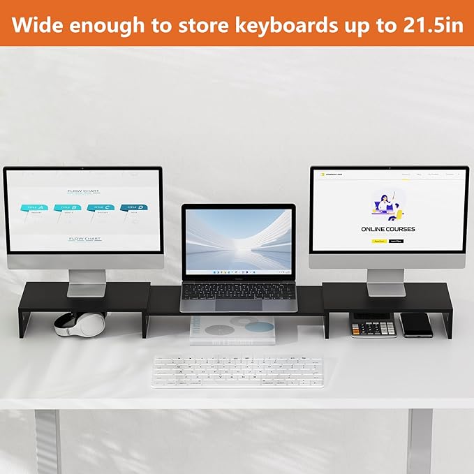 Triple Monitor Stand Riser, Extra Long Monitor Riser for 1~2~3 Monitors, Dual Monitor Stand with Length and Angle Adjustable, 3 Shelf Monitor Stand for Desk