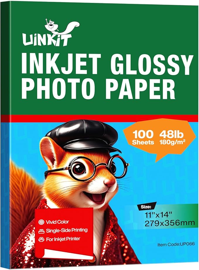 Uinkit 180gsm Glossy Photo Paper 11x14 Inches - 100 Sheets for Dye Ink | Quick Dry, No Smudging | Single-Sided Pro Finish, Thick 48lb No Curling