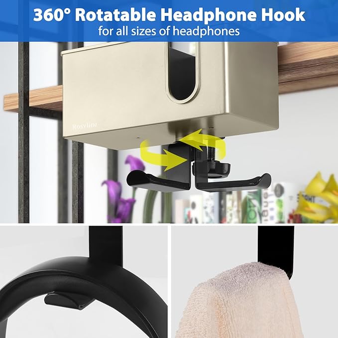 ROSLINE 3-in-1 Clip-on Desk Organizer - Pen, Headphone, and Cup Holder for Expanding Office and Gaming Space (Champagne)