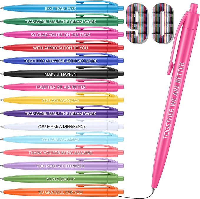 90 Pcs Ballpoint Team Building Pen Inspirational Quotes Black Gel Ink Pens Bulk for Appreciation Coworkers Employee Retractable Rolling Ballpoint Pens for Party Favor Gifts Supplies (Team)