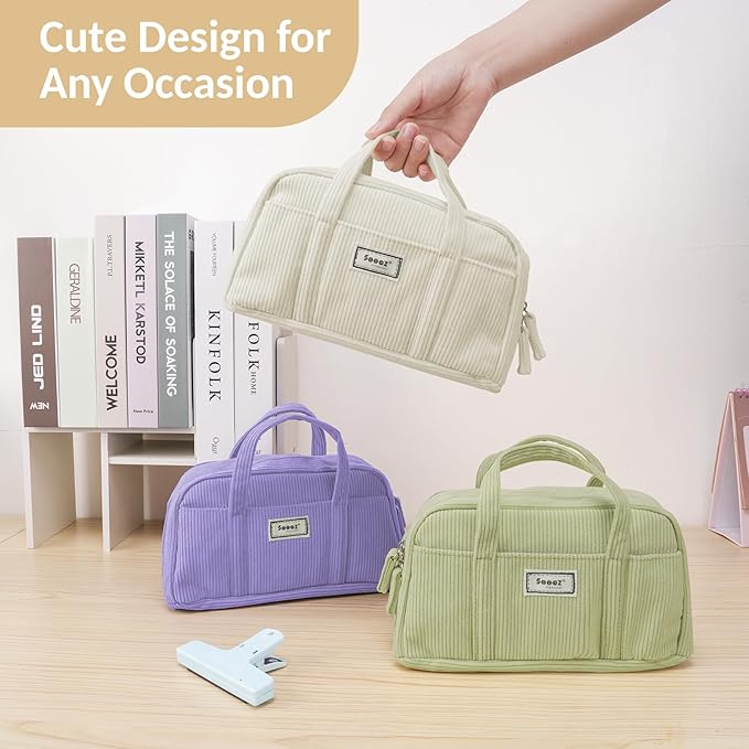 Sooez Large Pencil Case Pouch, Extra Big Pencil Bag with 5 Compartments, Pen Bag Wide Opening, Soft Corduroy Pencil Pouch Organizer with Zipper, Cute Aesthetic School Supplies for Teen Girls-Lilac