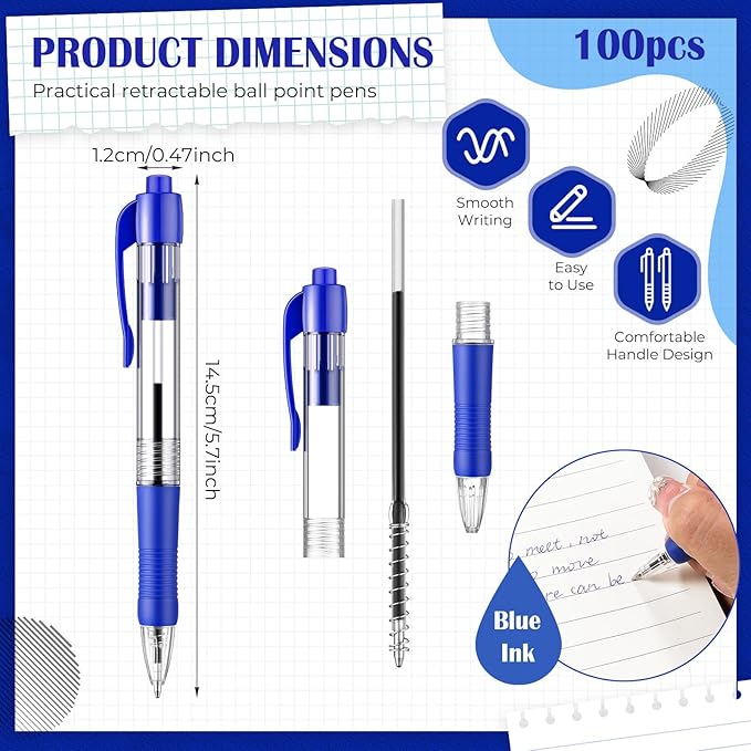 Fulmoon 100 Pcs Gel Ink Pens Retractable Ballpoint Medium Point 1.0 mm Ballpoint Smooth Writing Click Pens for Journal Writing Office Home(Blue Ink)