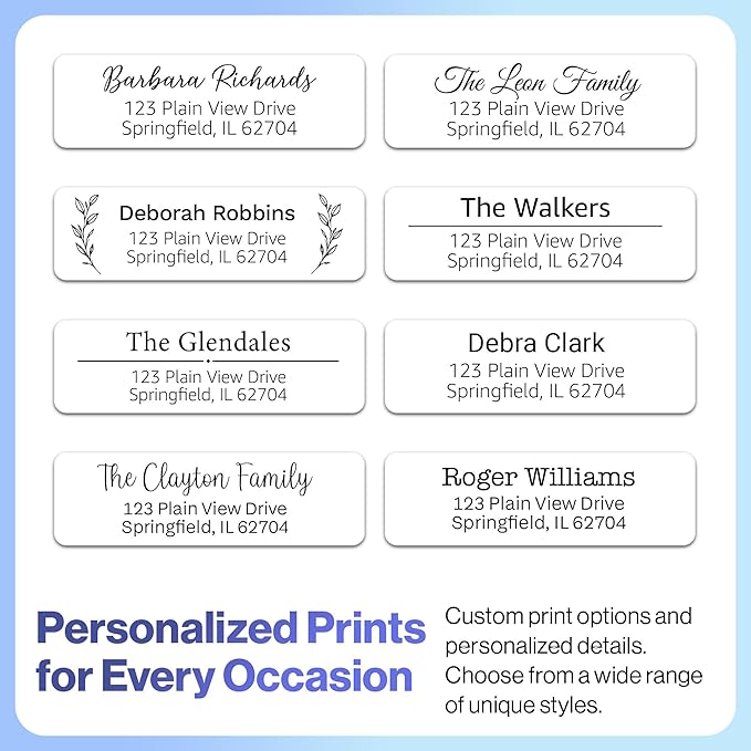 100 Personalized Address Labels - Glossy White Return Address Label 2.5" x 0.75'', Stylish Fonts for Envelopes & Packages, Customizable Labels for Home or Office Use