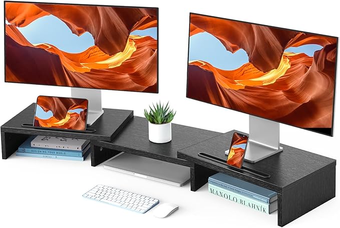 HUANUO Dual Monitor Stand Riser, Adjustable Monitor Stand for Desk with 2 Slot, Desktop Organizer Stand for 2 Monitors, Multi-Purpose Desk Shelf Monitor Stand Riser for Computer, Laptop, PC, Black
