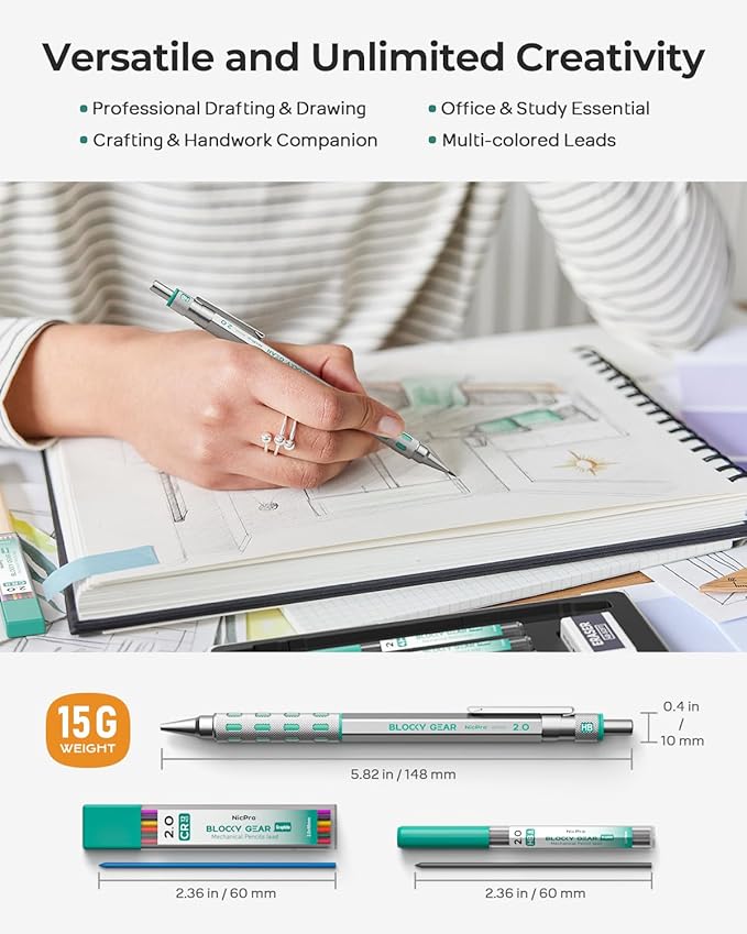 Nicpro 2mm Mechanical Pencils in Case, 3 Pack Blocky Gear Metal Drafting Lead Holder with 13 Tubes 2mm Lead Refills (HB 2B 2H 4B 4H 6B & Colors), Erasers for Carpenter Writing Drawing Woodworking