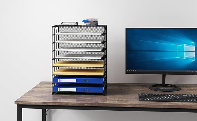 EasyPAG Mesh Desk Tray Organizer 8 Slot Classroom Office Desktop File Paper Sorter, Black