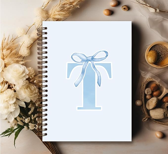 Initial T Notebook Journal,Personalized Teen Girl Gifts,Coquette Trendy Preppy Blue Bow Spiral Notebook,Monogrammed Gifts for Women Teen Girl,College Ruled Hardcover Spiral Notebook 5.5 x 8.3