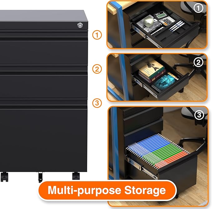 Aobabo Steel 3 Drawer Mobile File Cabinet with Lock, Under Desk Metal Filing Cabinet, 23.6''H A4/Legal/Letter Size Fully Assembled Except Wheels, Black