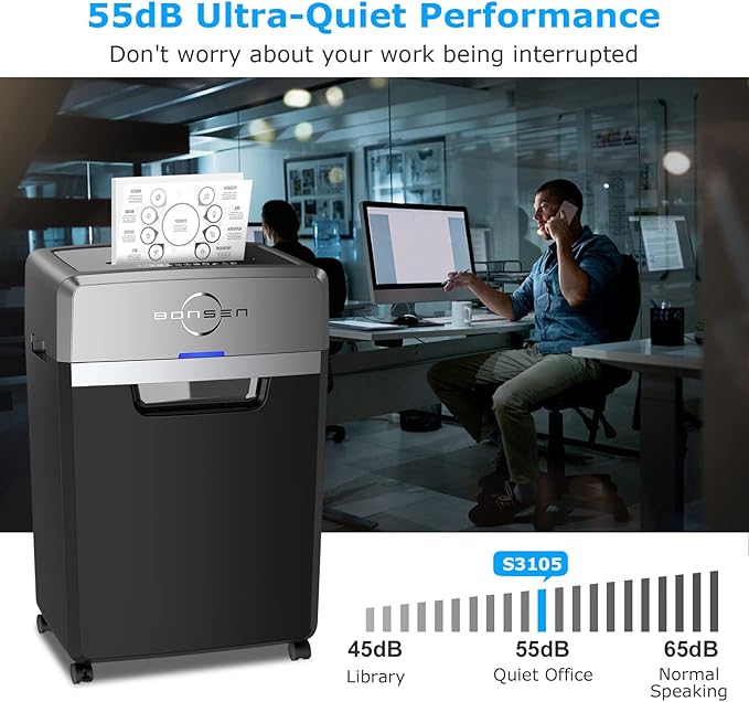 BONSEN Heavy Duty Paper Shredder, 24-Sheet Cross-Cut Shredder, 40-Min Continuous Running Time, Commercial Grade Shredder for Office, 9-Gallon Big Basket, 55dB Super Quiet, P-4 High Security (S3105)
