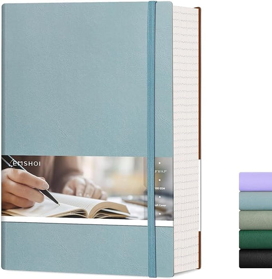 EMSHOI A4 College Ruled Notebook Journal- 400 Pages (200 sheets), 7mm Spacing & Vegan Leather Cover for Work, School, Bible Study, Bullet Journaling- with Sticky Notes, Pocket & Pen Holder - GrayBlue