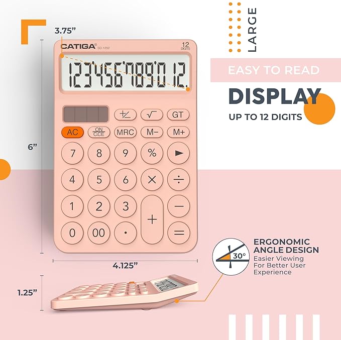 CATIGA 12 Digit Desktop Calculator Basic Desk Calculator with Large LCD Display, Big Buttons, 4 Function, Solar and Battery Dual Power, for Office, School, Home, SD-1292 Pink