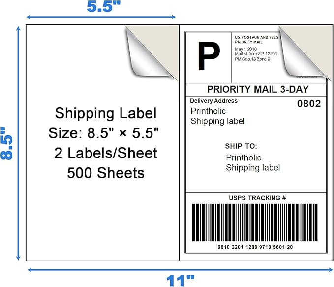 1000 Half Sheet Self Adhesive Shipping Labels for Laser & Inkjet Printers - 500 Sheets, 2 per Page Shipping Labels, 8.5" x 5.5" Half Sheet Labels