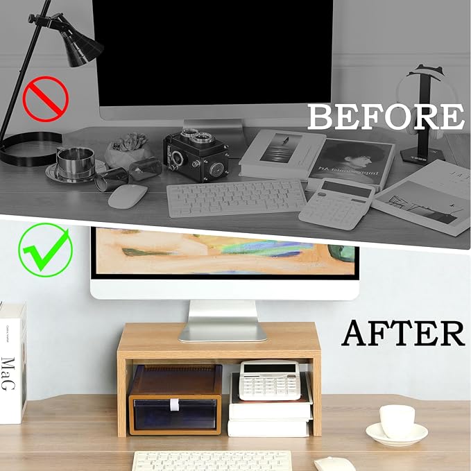 TEAMIX Higher Monitor Stand Riser, Wood Monitor Riser with Storage for Desk Small Monitor Stand TV/Screen/PC/Laptop Riser Computer Stand Desktop Shelf