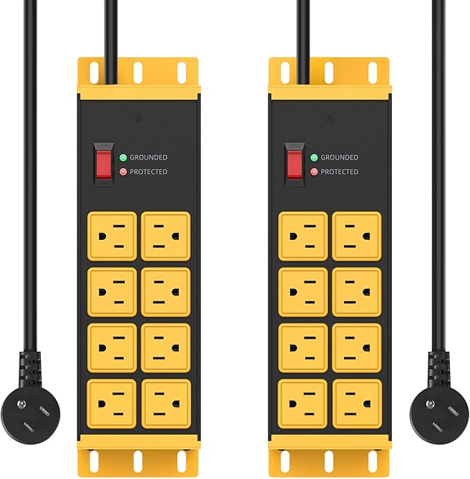 HHSOET 2 Pack Heavy Duty Power Strip 8 Outlets, Metal Wall Mount Outlet Strip 4800J Surge Protector, Garage Shop Under Desk Mountable 5FT Extension Cord Plug.