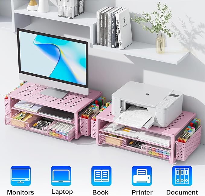 gianotter Desk Organizers and Accessories, Monitor Stand with Drawer and 2 Pen Holder, Desktop Organizer Suitable for Offices and Dormitories (Pink)