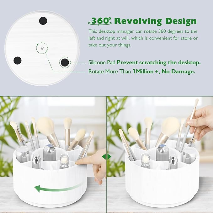 Bamboo Rotating Round Art Supply Organizer, Pencil Holder Desk Organizer with 7 Compartments, Office Supplies Desktop Storage Caddy for Colored Pencils(white)