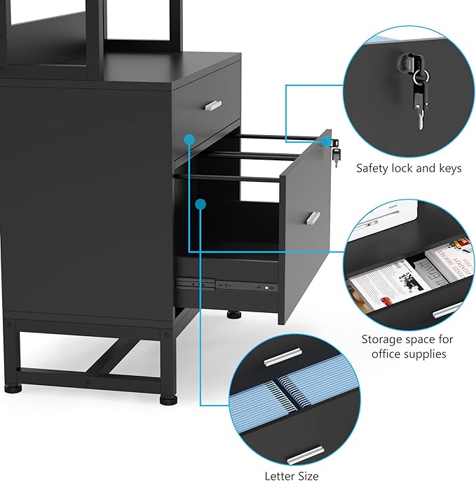Tribesigns 2 Drawer Vertical File Cabinet with Lock & Bookshelf, Letter Size Large Modern Filing Cabinet Printer Stand with Open Storage Shelves for Home Office, Black