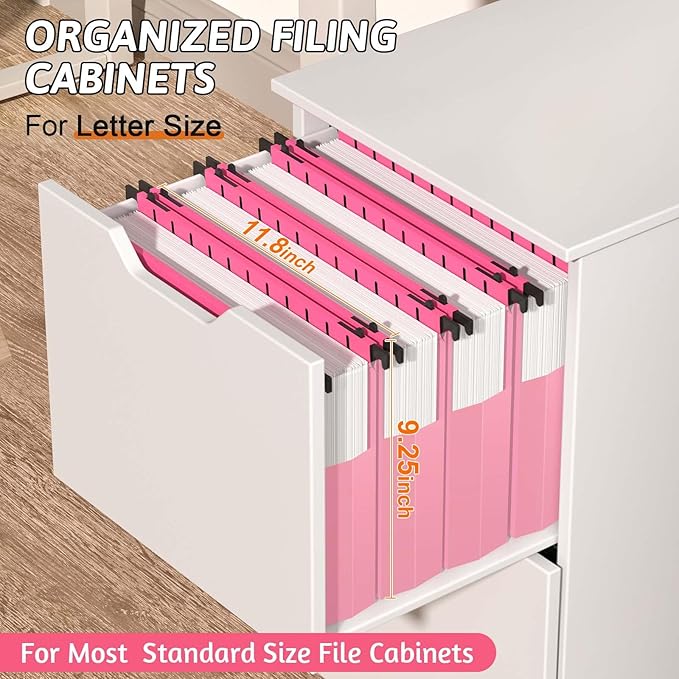 Plastic Hanging File Folders Expanding,12 Pack Extra Capacity Hanging File Folder Letter Size,2 Inch Expansion Heavy Duty Folders,Adjustable Tabs,Pink Hanging Folders Designed for Bulky Files