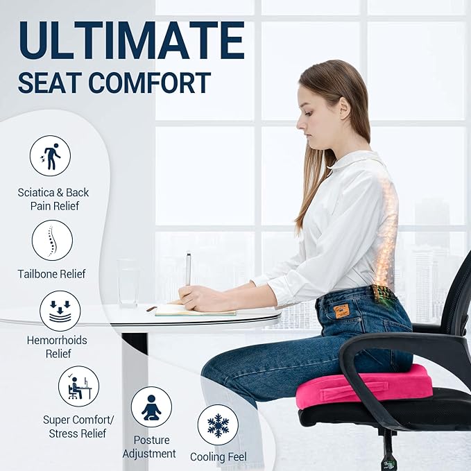 Gel Seat Cushion for Car Office - Memory Foam Pain Relief Chair Pillow Cushions - Tailbone Sciatica Coccyx Butt Lumbar Support Pad for Sitting Driving Traveling, Velvet, Pink