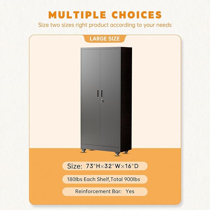 Greenvelly 74" Metal Storage Cabinet with Wheels, Lockable Rolling Metal Garage Cabinets with 2 Doors and 4 Adjustable Shelves, Rolling Tool Cabinet for Garage, Home Office, School