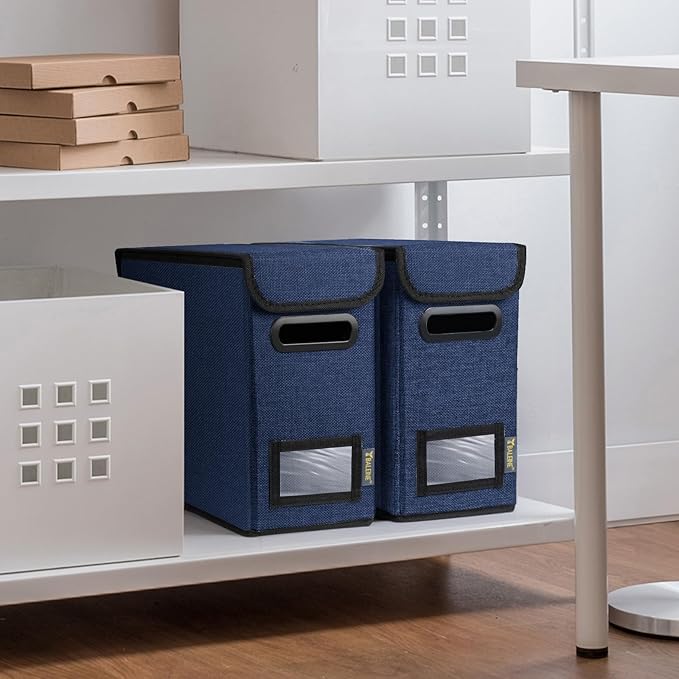 BALEINE File Organizer Box with Lid, Collapsible File Folder Organizer with Plastic Slide, Hanging File Folder Box for Office Document Storage (1 Pack, Blue, S)