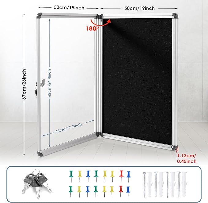 Enclosed Bulletin Board Lockable Display Case Message Board with Locking Door for Indoor, Black Felt, Silver Aluminum Frame, 26x20inch(4XA4)