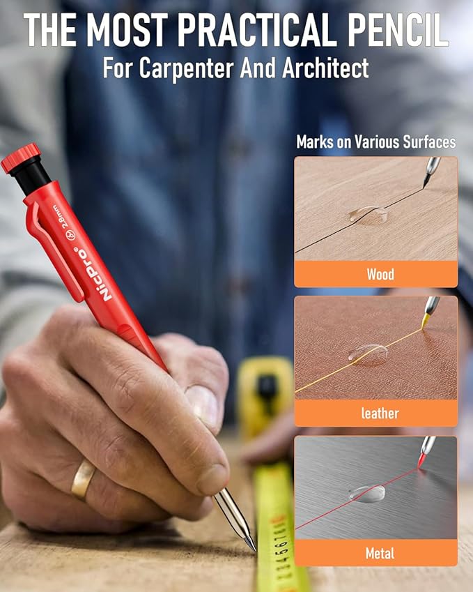 Nicpro 11 Pack Carpenter Pencil Set with Sharpener, Mechanical Carpenter Pencils with 40 Refill, Automatic Center Punch and Carbide Scribe Tool, Heavy Duty Construction Pencil for Architect-With Case