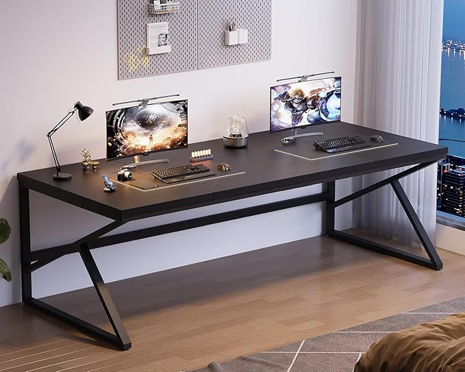 HSH Extra Long Black Computer Desk, 78 inch Large Home Office 2 person Desk, Industrial Metal Wood double Desk for Executive Work Writing Study, Modern Black Bedroom Living Room PC Laptop Gaming Table