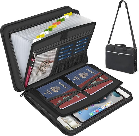 Accordion File Organizer with Lock and Shoulder Straps,Fireproof Waterproof Document Organizer Folder with Handle, Portable Large Capacity File Holder for Home Office School