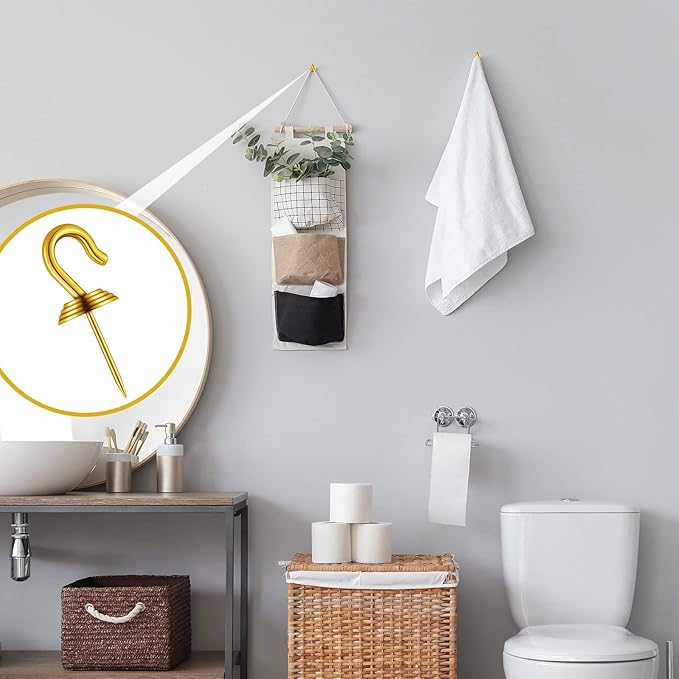 Hotop 60 Pieces Push Pin Wall Hooks Metal Thumb Tack Hangers Iron Alloy Nail Decorative Picture Hooks for 20 Lbs Home Office School Party Supply (Gold)