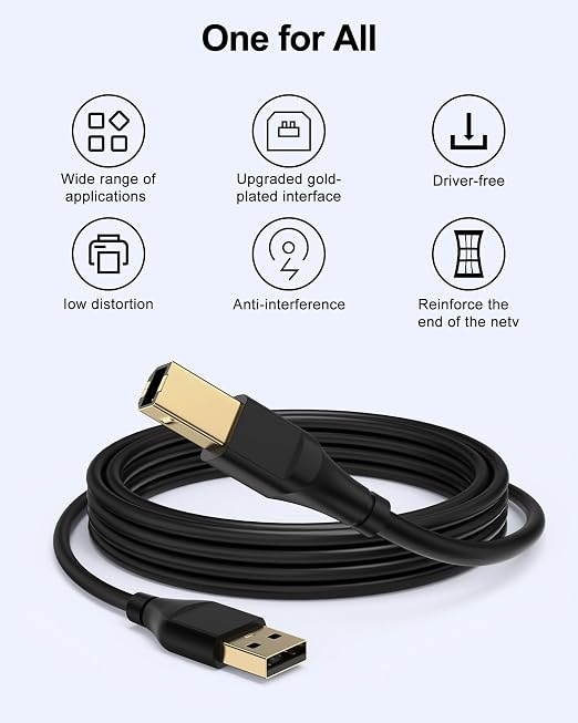 HP Printer Cable 10ft, Square USB A to USB B Cable - Image 2