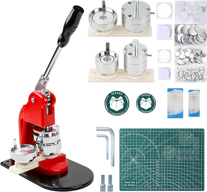 Button Maker Machine Set, Multiple Sizes Button Maker Machine 58+75mm, Push Pull Button Press Machine，Pin Maker Machine with Circle Cutter and Cutting Mat, Come with 200 Button Parts Supplies