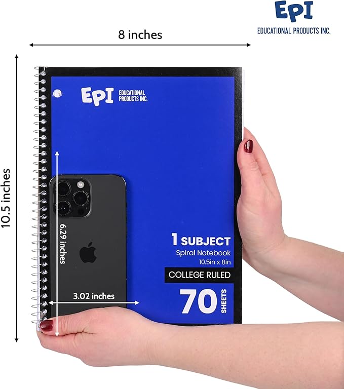 EPI Spiral Notebook | 1 Subject - College Ruled - 70 Sheets, Durable Spiral Binding | 10.5 x 8 in | Classroom Supplies | School, Office, Note Taking, Journaling - 48 Pack