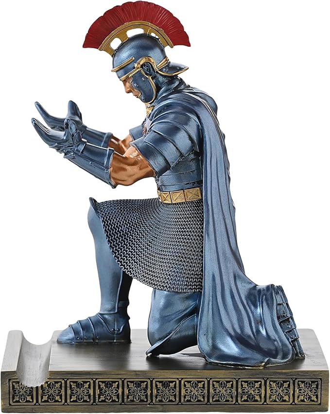 Roman Praetorian Prefect Warrior Knight Pen Holder Desk Ornament Resin Praetorian Guard Mobile Phone Stand Desk Accessories and Organizer for Office with a Letter Opener (Blue)