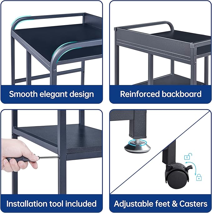 Printer Stand with Storage Shelf for Home Office Organization, 22 x 18 Inch Large Printer Table with Wheels, Shredder Stand, CPU Stand, Rolling Cart for Host Computer, PC Tower, Desktop- Black