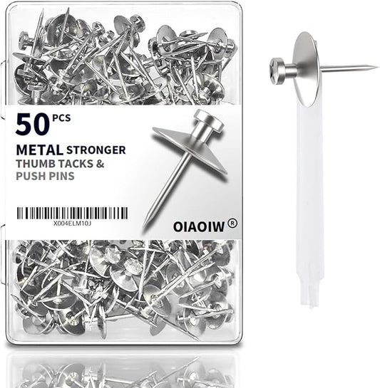 50pcs Silver Thumb Tacks for Wall Picture Hangers Heavy Duty Push pins for Wall Double Headed thumbtacks for Hanging Metal Wall Tacks Wall pins Nails Hooks (Silver)