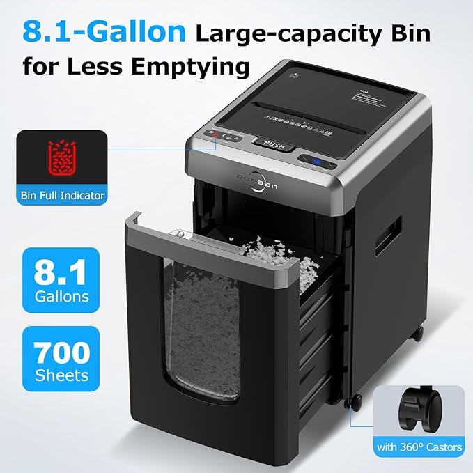 BONSEN 300-Sheet Auto Feed Paper Shredder, 60 Minutes Non-Stop Commercial Grade Heavy Duty Shredders for Office, 8.1 Gallon Micro Cut Document Shredder, P-4 Security Level,58dB Super Quiet (S3113)