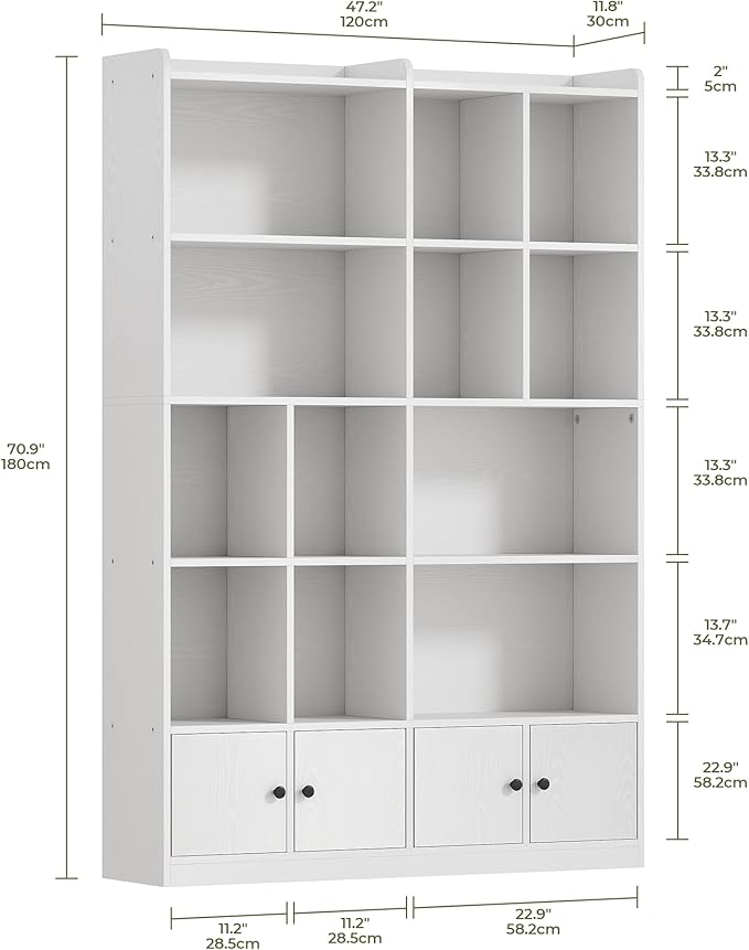 IRONCK Bookshelves and Bookcase, 6 Tiers Large Bookshelf with 4 Doors, Floor Standing Tall Display Storage Shelves for Home Office, Living Room, Bedroom, White